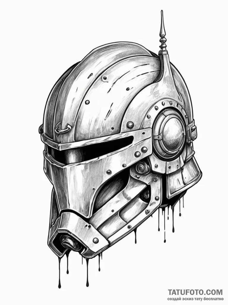 Tattoo sketch a close-up of a battle-worn hel... - эскиз тату (№1751165970_0, 29.06.2025 02:59) — Tatufoto.com