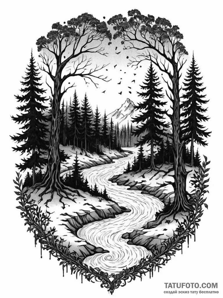 Tattoo design: a dark, mystical forest scene... - эскиз тату (№1751166049_0, 29.06.2025 03:00) — Tatufoto.com