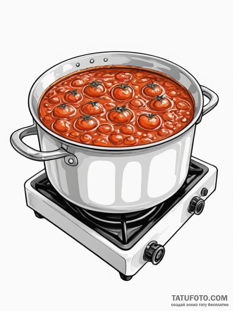 A close-up of a bubbling pot of tomato sauce... - эскиз тату (№1751166316_0, 29.06.2025 03:05) — Tatufoto.com