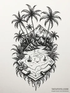 Tattoo design a tropical island with palm tre... - эскиз тату (№1751166666_0, 29.06.2025 03:11) — Tatufoto.com