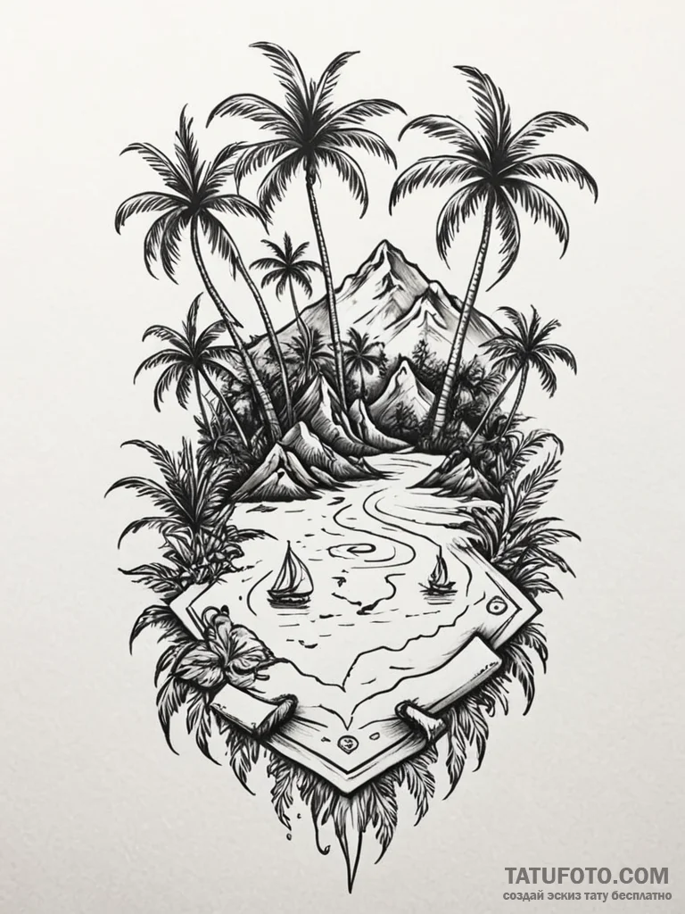 Tattoo design a tropical island with palm tre... - эскиз тату (№1751166666_0, 29.06.2025 03:11) — Tatufoto.com