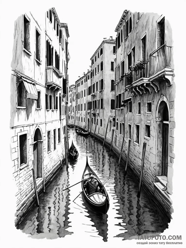 A single gondola gliding through a quiet vene... - эскиз тату (№1751166853_0, 29.06.2025 03:14) — Tatufoto.com