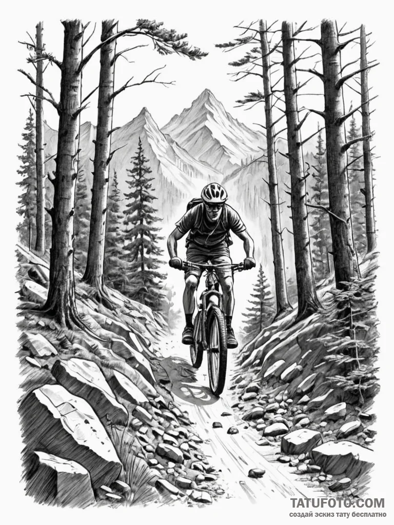 A shot of a mountain biker navigating a narro... - эскиз тату (№1751166941_0, 29.06.2025 03:15) — Tatufoto.com