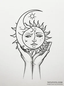 Tattoo design a hand-drawn sun and moon on op... - эскиз тату (№1751168838_0, 29.06.2025 03:47) — Tatufoto.com
