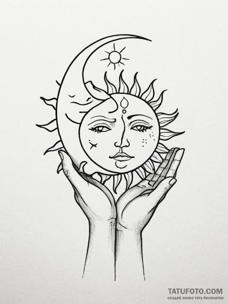 Tattoo design a hand-drawn sun and moon on op... - эскиз тату (№1751168838_0, 29.06.2025 03:47) — Tatufoto.com