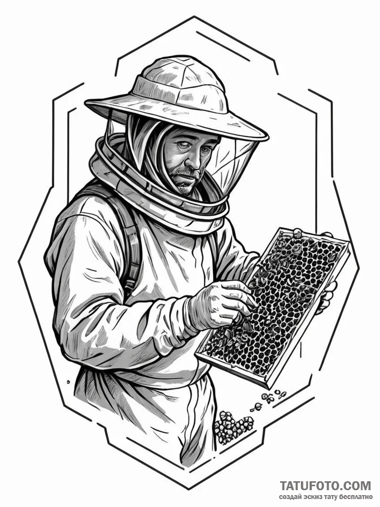 A beekeeper inspecting a honeycomb frame. - эскиз тату (№1751169003_0, 29.06.2025 03:50) — Tatufoto.com