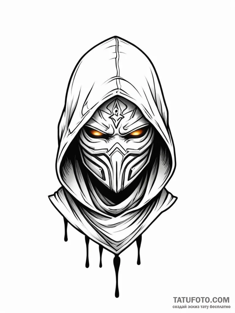 Tattoo design a rogue's hood and mask with gl... - эскиз тату (№1751169873_0, 29.06.2025 04:04) — Tatufoto.com