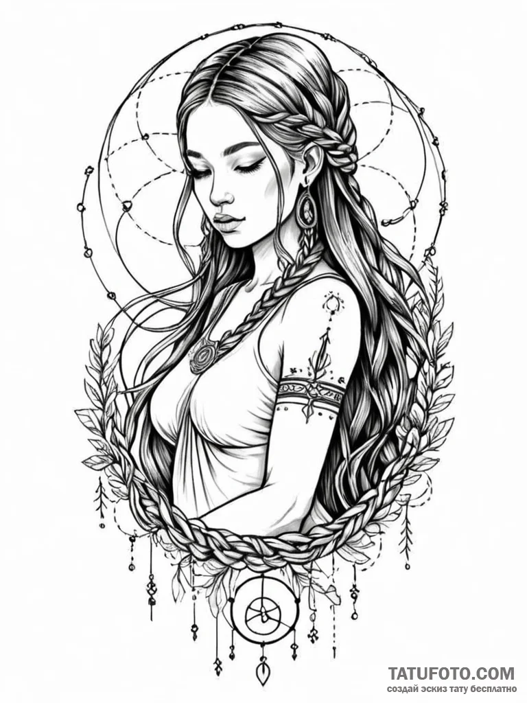 Tattoo sketch: mokosh, depicted as a serene w... - эскиз тату (№1751171763_0, 29.06.2025 04:36) — Tatufoto.com