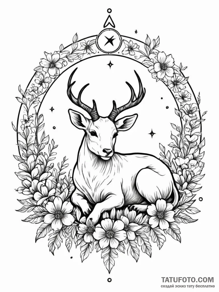 Tattoo sketch a zodiac animal resting among a... - эскиз тату (№1751172199_0, 29.06.2025 04:43) — Tatufoto.com