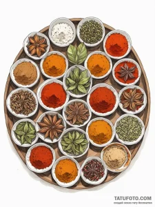 The vibrant colors of an indian spice market. - эскиз тату (№1751172359_0, 29.06.2025 04:45) — Tatufoto.com