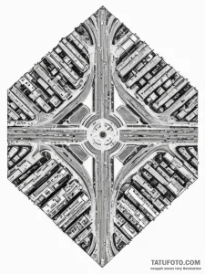 A drone shot of a perfectly symmetrical urban... - эскиз тату (№1751174893_0, 29.06.2025 05:28) — Tatufoto.com