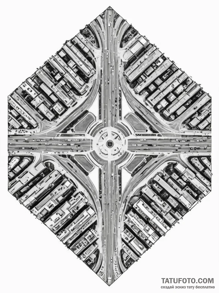 A drone shot of a perfectly symmetrical urban... - эскиз тату (№1751174893_0, 29.06.2025 05:28) — Tatufoto.com