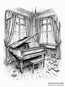 An abandoned, dusty ballroom with tattered cu... - эскиз тату (№1751176007_0, 29.06.2025 05:46) — Tatufoto.com