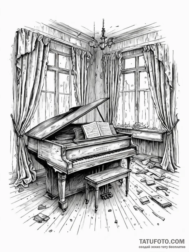An abandoned, dusty ballroom with tattered cu... - эскиз тату (№1751176007_0, 29.06.2025 05:46) — Tatufoto.com