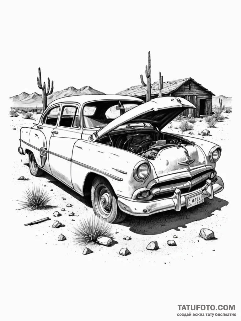 A dusty, forgotten vintage car left to rust i... - эскиз тату (№1751176090_0, 29.06.2025 05:48) — Tatufoto.com