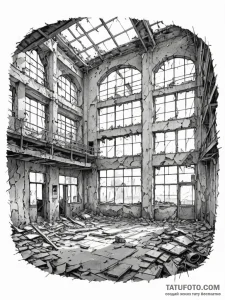 The interior of an old, abandoned factory wit... - эскиз тату (№1751176742_0, 29.06.2025 05:59) — Tatufoto.com