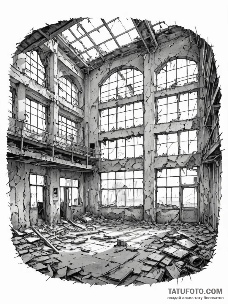 The interior of an old, abandoned factory wit... - эскиз тату (№1751176742_0, 29.06.2025 05:59) — Tatufoto.com