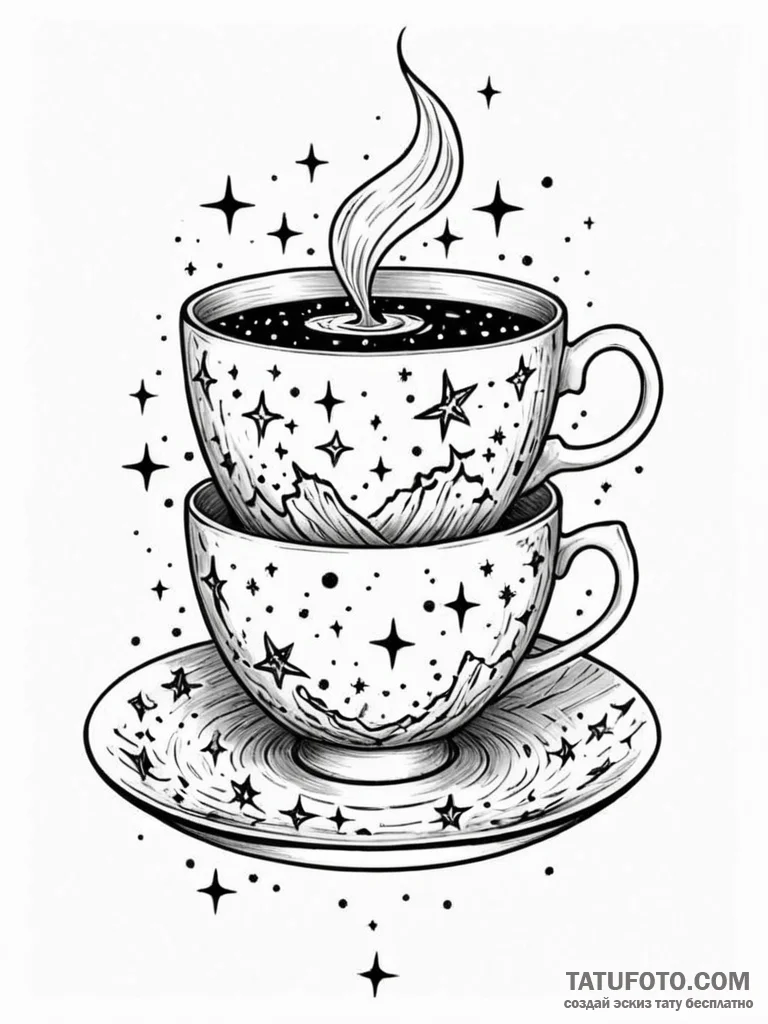 Tattoo sketch a teacup overflowing with a sta... - эскиз тату (№1751177071_0, 29.06.2025 06:04) — Tatufoto.com