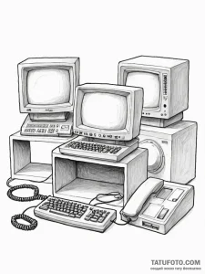 A 1980s office with bulky crt monitors, beige... - эскиз тату (№1751178867_0, 29.06.2025 06:34) — Tatufoto.com
