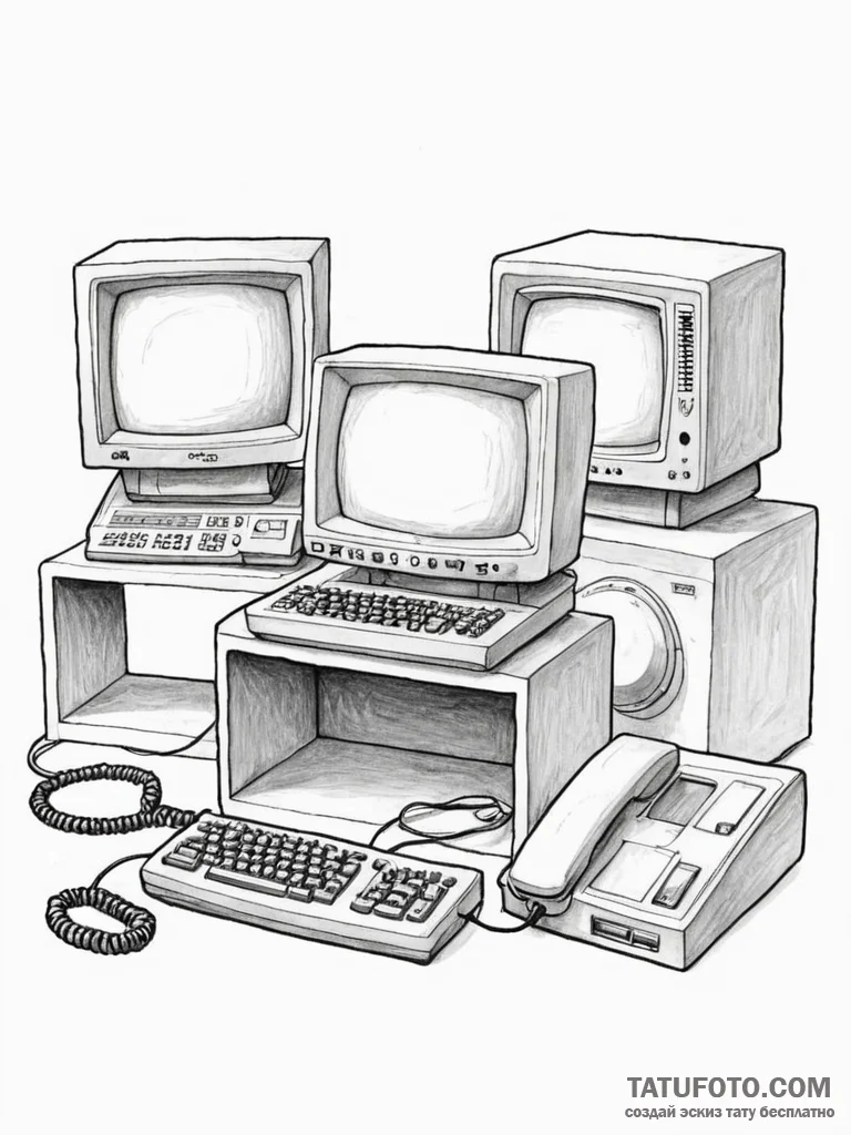 A 1980s office with bulky crt monitors, beige... - эскиз тату (№1751178867_0, 29.06.2025 06:34) — Tatufoto.com