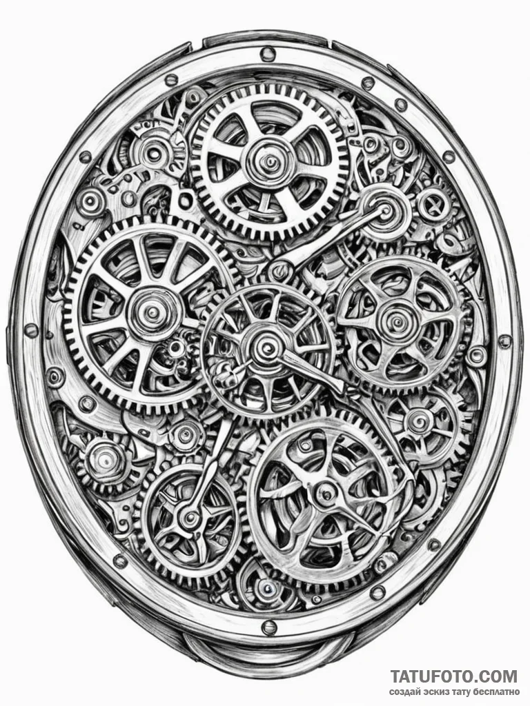 A close-up of a vintage watch movement, gears... - эскиз тату (№1751179361_0, 29.06.2025 06:42) — Tatufoto.com