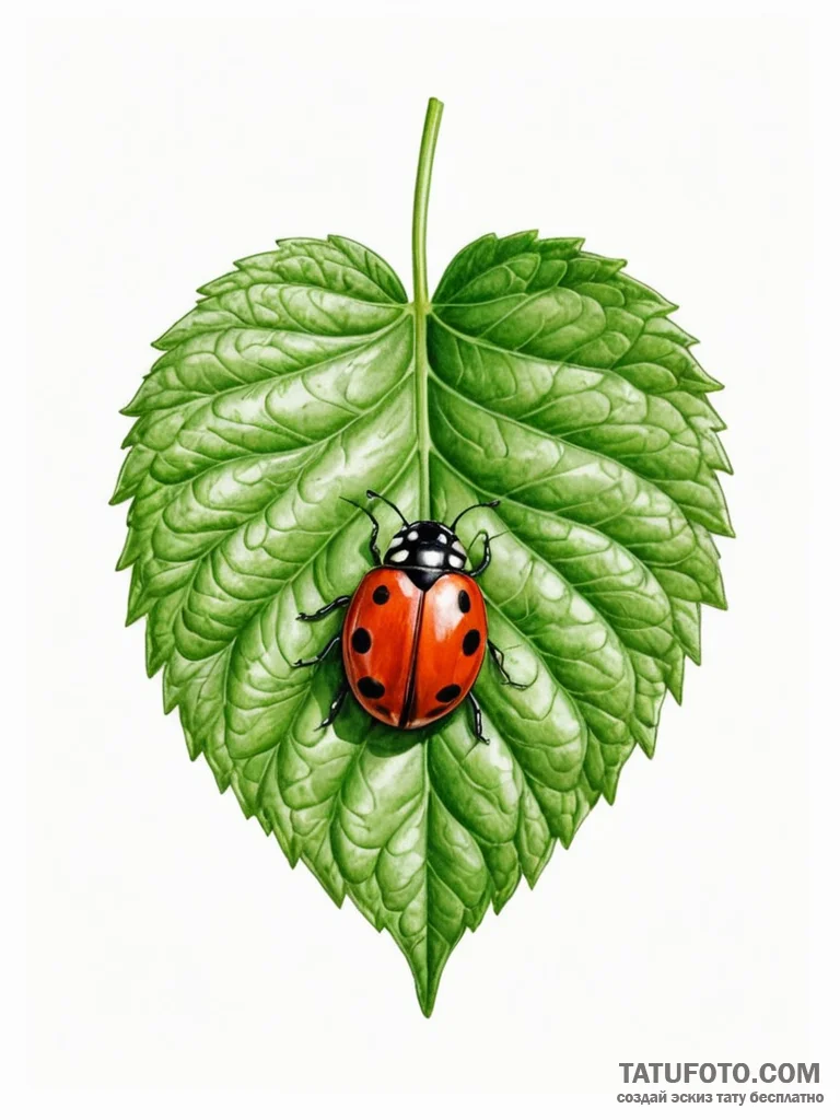 A detailed macro shot of a ladybug on a green... - эскиз тату (№1751179636_0, 29.06.2025 06:47) — Tatufoto.com