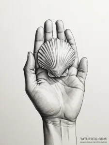 A hand holding a delicate, translucent seashe... - эскиз тату (№1751180817_0, 29.06.2025 07:06) — Tatufoto.com