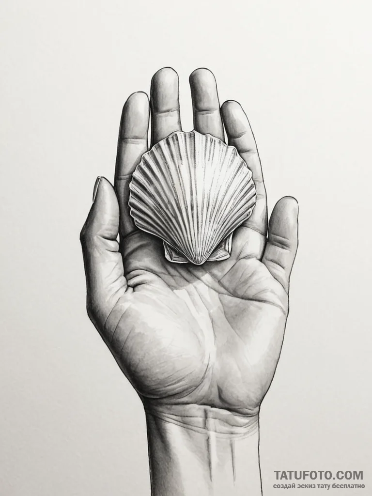 A hand holding a delicate, translucent seashe... - эскиз тату (№1751180817_0, 29.06.2025 07:06) — Tatufoto.com