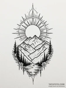 Tattoo sketch a sun rising over a mountain ra... - эскиз тату (№1751181293_0, 29.06.2025 07:14) — Tatufoto.com
