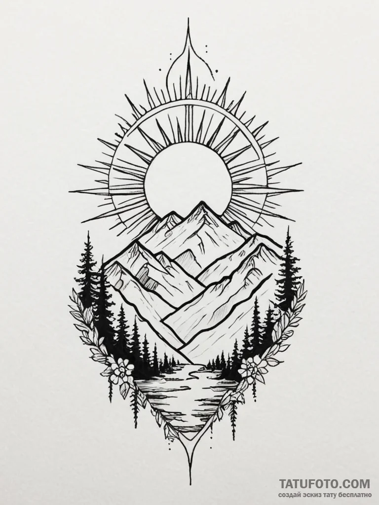Tattoo sketch a sun rising over a mountain ra... - эскиз тату (№1751181293_0, 29.06.2025 07:14) — Tatufoto.com