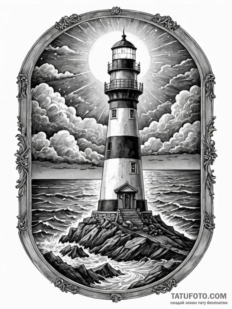 The view from a lighthouse lantern room on a... - эскиз тату (№1751182622_0, 29.06.2025 07:37) — Tatufoto.com