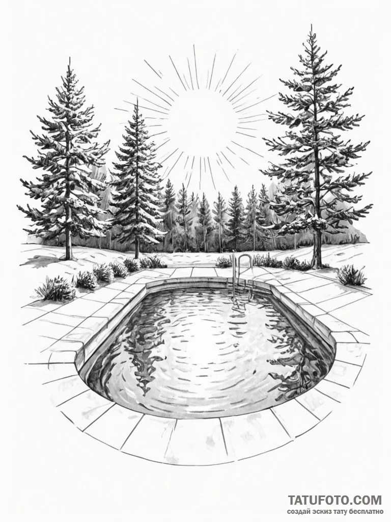 An empty, sun-drenched swimming pool in late... - эскиз тату (№1751185956_0, 29.06.2025 08:32) — Tatufoto.com