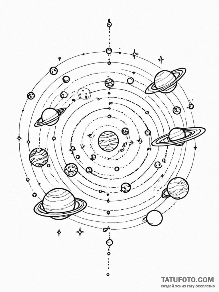 Tattoo sketch a solar system where each plane... - эскиз тату (№1751188080_0, 29.06.2025 09:08) — Tatufoto.com