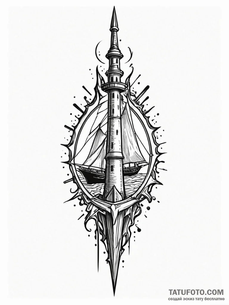 Steel spear beneath shattered spire, tattoo d... - эскиз тату (№1751191248_0, 29.06.2025 10:00) — Tatufoto.com