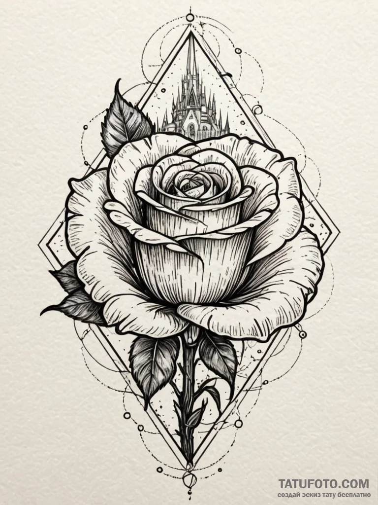 Quartz rose beneath spectral spire, ink illus... - эскиз тату (№1751193061_0, 29.06.2025 10:31) — Tatufoto.com