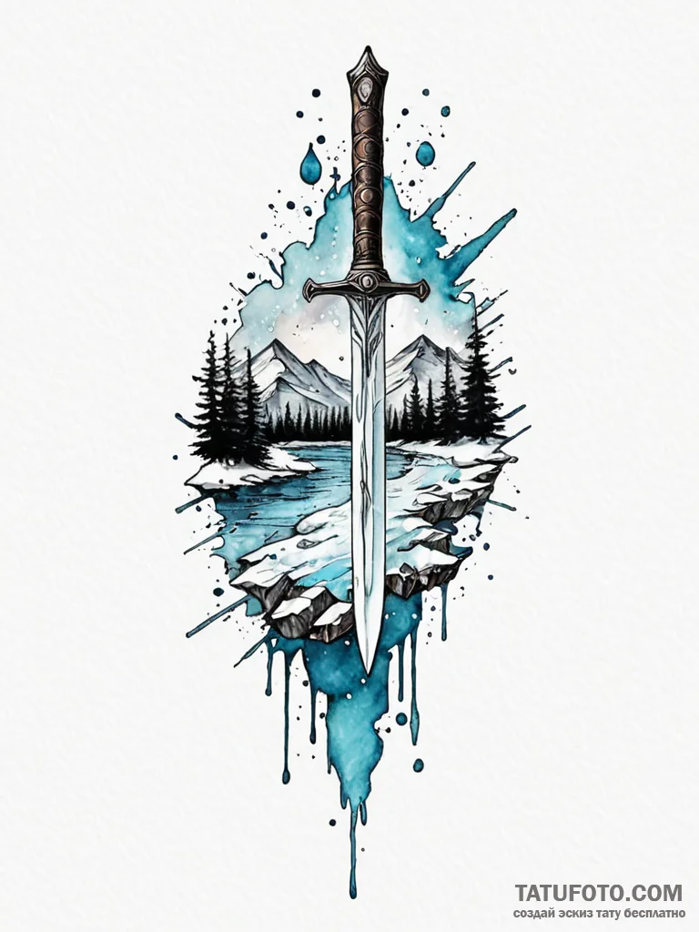 Forgotten blade beneath frozen river, tattoo... - эскиз тату (№1751193881_0, 29.06.2025 10:44) — Tatufoto.com