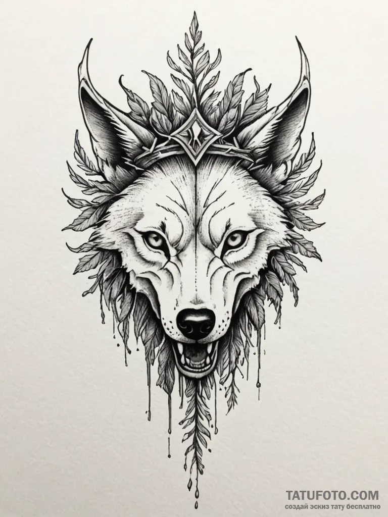 Wolf skull crowned with roots, tattoo sketch... - эскиз тату (№1751194810_0, 29.06.2025 11:00) — Tatufoto.com