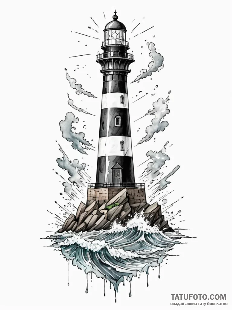 A towering lighthouse beacon against a stormy... - эскиз тату (№1751195308_0, 29.06.2025 11:08) — Tatufoto.com