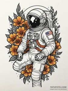 Astronaut holding a bouquet of flowers, tatto... - эскиз тату (№1751195497_0, 29.06.2025 11:11) — Tatufoto.com