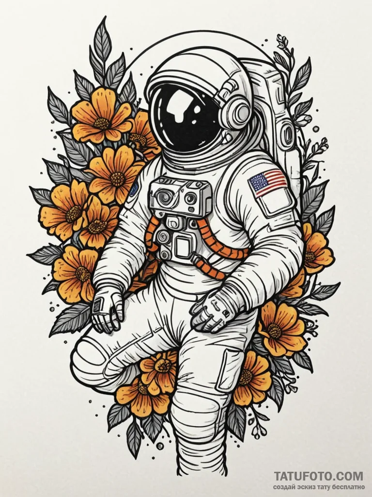 Astronaut holding a bouquet of flowers, tatto... - эскиз тату (№1751195497_0, 29.06.2025 11:11) — Tatufoto.com