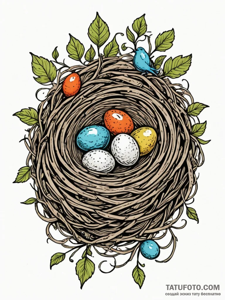 A whimsical bird in a nest with eggs, nurturi... - эскиз тату (№1751204609_0, 29.06.2025 13:43) — Tatufoto.com