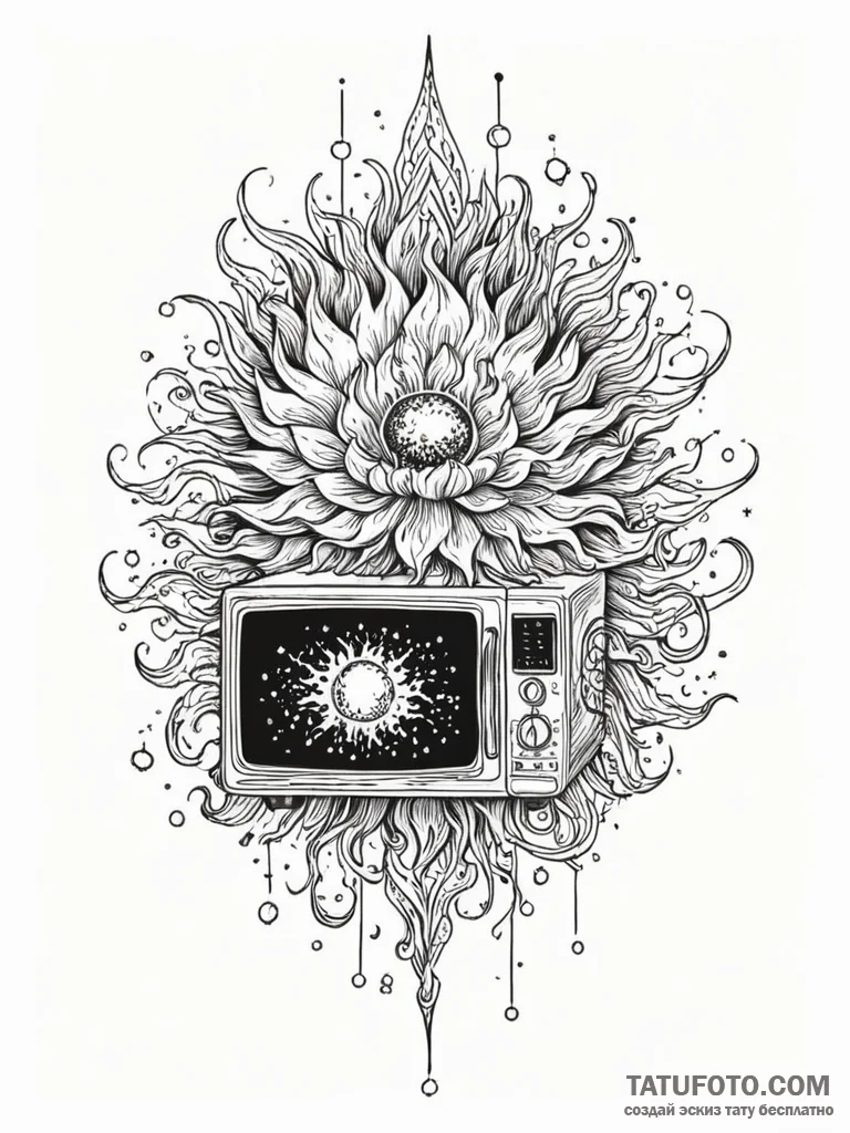 Microwave oven containing a miniature, explod... - эскиз тату (№1751204696_0, 29.06.2025 13:44) — Tatufoto.com