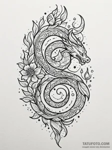 Flaming serpent through celestial bloom, ink... - эскиз тату (№1751206364_0, 29.06.2025 14:12) — Tatufoto.com