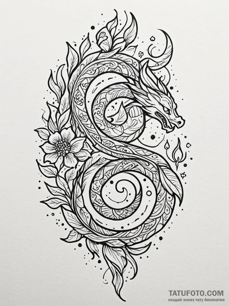 Flaming serpent through celestial bloom, ink... - эскиз тату (№1751206364_0, 29.06.2025 14:12) — Tatufoto.com