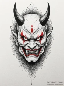 Oni mask splitting to reveal a human face, ta... - эскиз тату (№1751206720_0, 29.06.2025 14:18) — Tatufoto.com