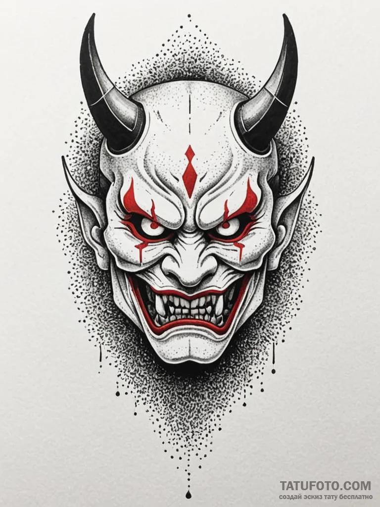 Oni mask splitting to reveal a human face, ta... - эскиз тату (№1751206720_0, 29.06.2025 14:18) — Tatufoto.com