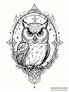 Owl charm catching starlight, tattoo line art... - эскиз тату (№1751206892_0, 29.06.2025 14:21) — Tatufoto.com