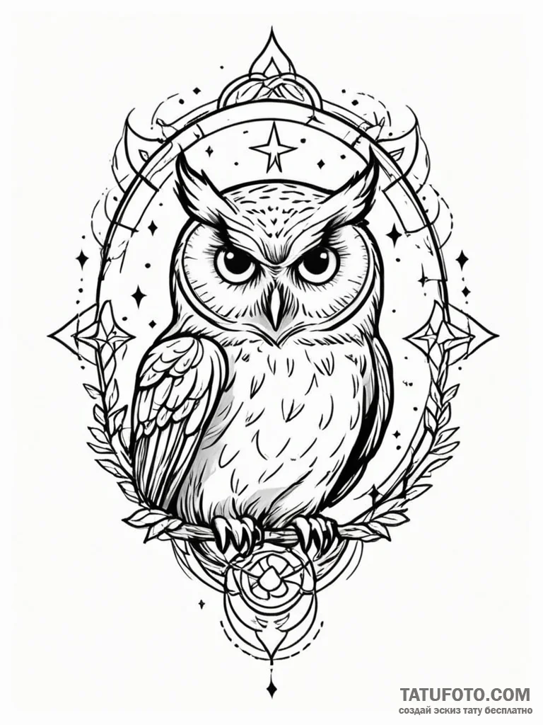 Owl charm catching starlight, tattoo line art... - эскиз тату (№1751206892_0, 29.06.2025 14:21) — Tatufoto.com