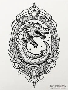 Feathered serpent through celestial gate, tat... - эскиз тату (№1751206988_0, 29.06.2025 14:23) — Tatufoto.com