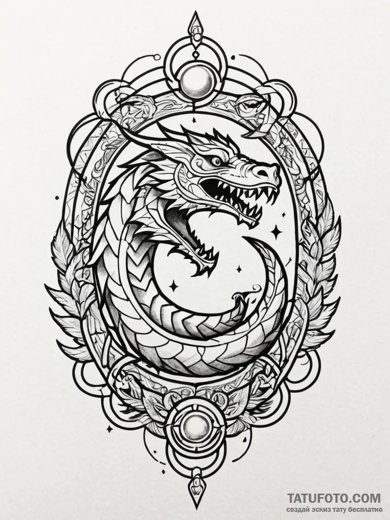 Feathered serpent through celestial gate, tat... - эскиз тату (№1751206988_0, 29.06.2025 14:23) — Tatufoto.com